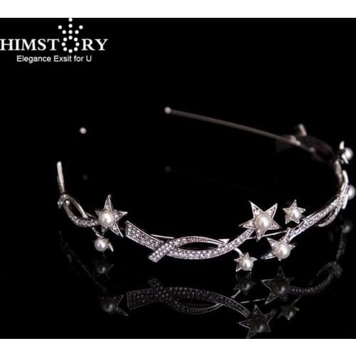 HIMSTORY Wedding Hair Accessories Star Headbands Hairbands Crystal Pearl Headpiece Headwear Silver Color Girl Tiara