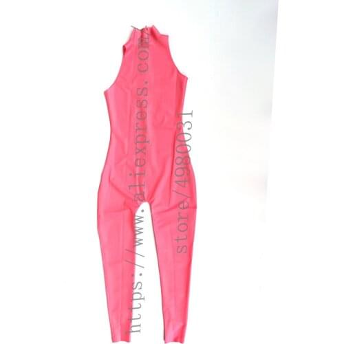 Pink tight suit Fetish womens latex jumpsuit sleeveless tight bodysuit with back zip decoration