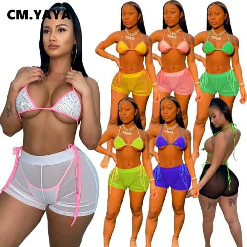 CM.YAYA Women Set Sexy Bikinis 3 Piece Set Wire Free Halter Tops Drawstring Underpants Mesh See-through Elastic Shorts Swimsuits