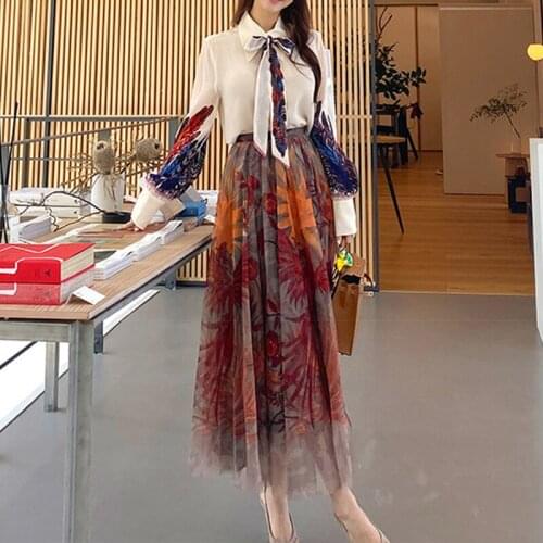 New 2 Pieces Skirt Set Women Spring Lace Up Tie Shirts Blouses And High Waist Mesh Print Skirts Korean Chic Casual Suit