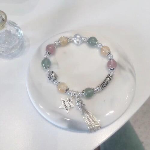 925 Sterling Silver Beautiful Bracelet Star Tassel Pipe Ball Green Strawberry Quartz,Red Strawberry Quartz,Citrine,Silver Chain