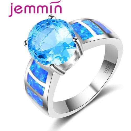 Simple Ring Round Pink CZ Stone Blue Created Fire Opal Rings for Women Trendy 925 Sterling Silver Wedding Band Jewelry