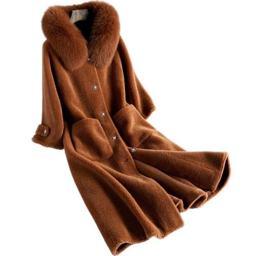 Caramel Women Sheep Shearing Fur Coat Long Fox Hair Hooded Collar Wool Jackets Faux Leather Lining Real Fur Warm Winter Outwear