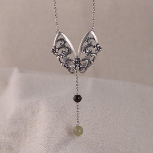 New S925 pure silver necklace for woman fashion butterfly natural stone beads tassels pendants womens Thai silver set of chains