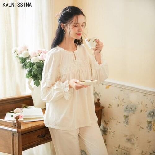Women Long Sleeve Sleepwear 100% Cotton Pajamas Suit Female Autumn Retro Court-Style Cotton Two Piece White Pajama Sets