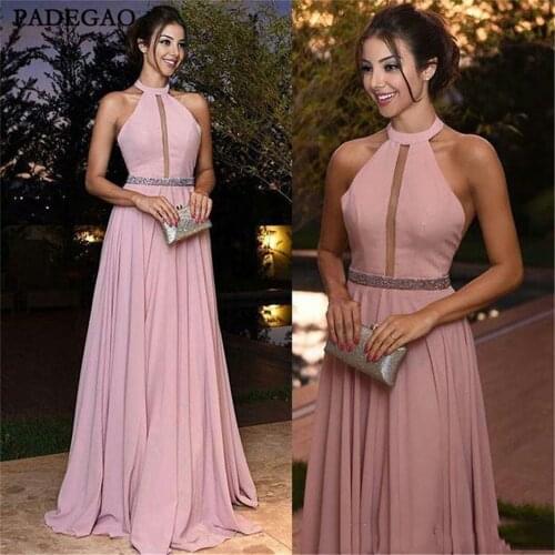 Pink Simple Evening Dress Beading A-Line Long Prom Dresses Sleeveless 2019 Evening Dresses Custom Made Vestido de noche
