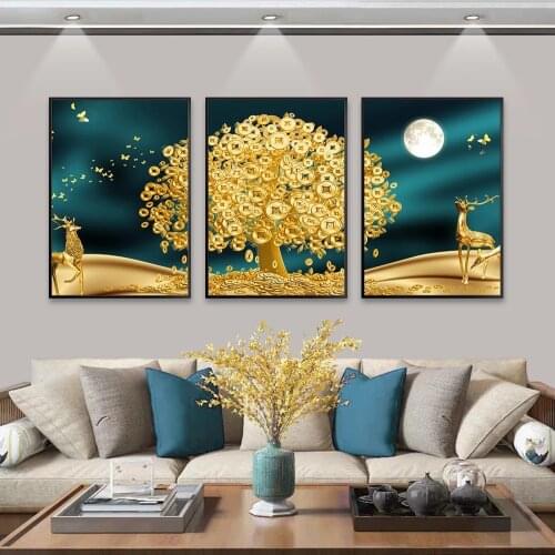 Golden Art Deer Money Tree Wall Picture Islamic Wall Art No Frame Abstract Moon Canvas Printing Poster Still life