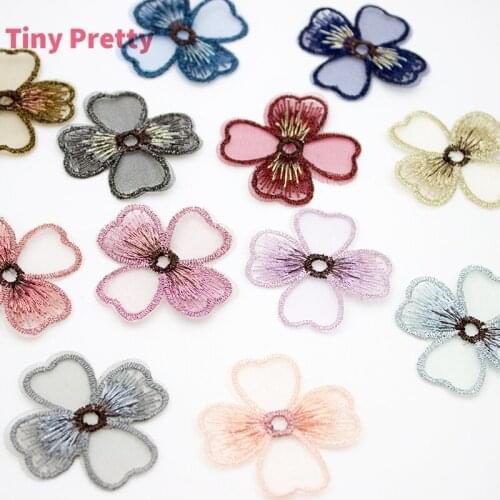 20PCS Embroided Organza Flower Petals 4-Petals Blossom Flower Appliques DIY Hair Jewelry Accessory