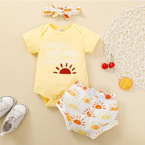 2021 Newborn Infant Baby Girl Short Sleeve Letter Romper Sun Print Shorts Outfits Baby Clothes Set Одежда Для Новорождëных