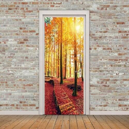 3D Maple Forest Path Door Stickers DIY Mural Wallpaper Waterproof Self adhesive Door Murals Living Room Bedroom Home Decoration