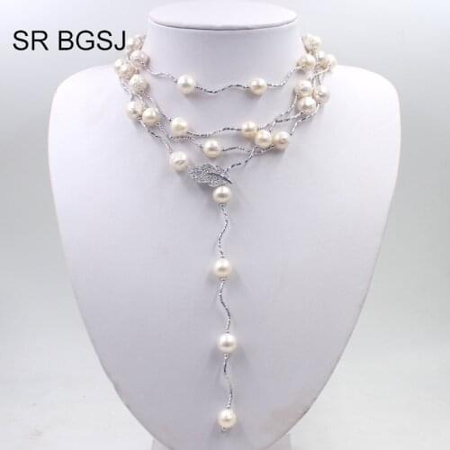Free Shipping White Edsion FW Pearl Beads Leaf Clasp Women Jewelry Fashion Necklace 9-10mm 60"
