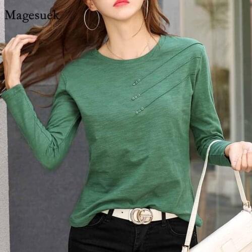 2021 Autumn Solid All-match Office Lady T-shirt Cotton Fashion O-neck Blouse Korea Loose Cotton Long Sleeve Women Clothes 10800