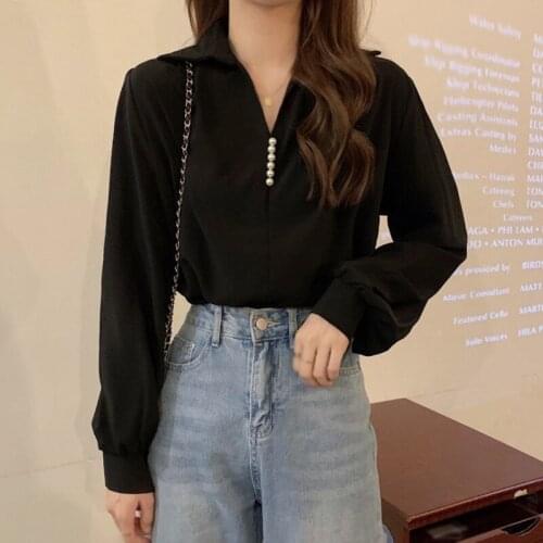 Spring Autumn Long Sleeves Shirts Office Ladies Blouses Women Beading V Neck Blouses