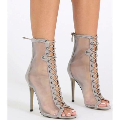 Sexy Summer Wee Sprang Patchwork Peep toe Lace Up Sandals Ankle Boots Cicadas Mesh Stiletto Heels Bottines Ladies Short Boots