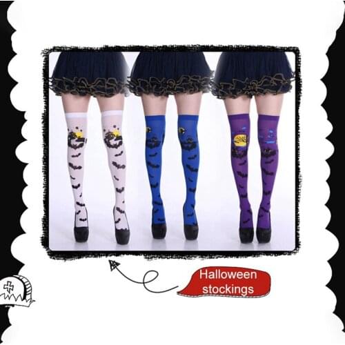 Halloween Carnival Scary Castle Bat Thigh High Stockings Woman Girls Hold Up Stocking Over Knee Socks Fancy Dress Orange/White