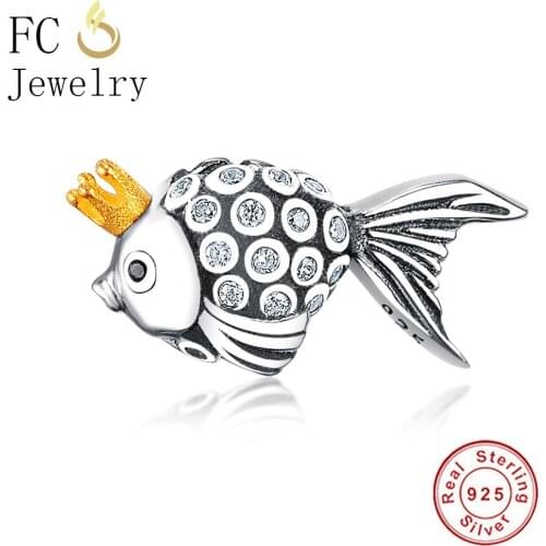 FC Jewelry Fit Original Brand Charms Bracelet Authentic 925 Silver Animal Gold Color Crown Fish Beads for Making DIY Berloque