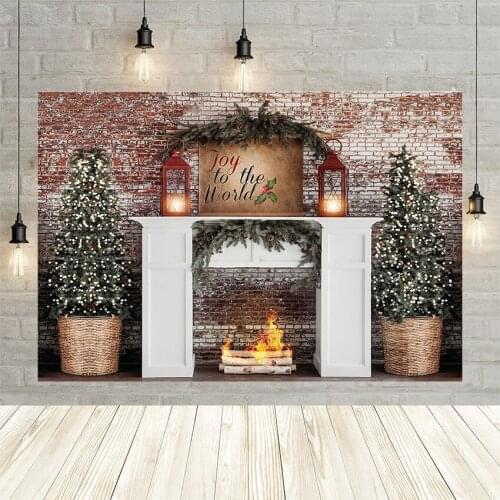 Avezano Photography Background Cristmas Tree Gifts Brick Wall Fireplace Log Fire Winter Joy To The World Wallpaper Photo Studio