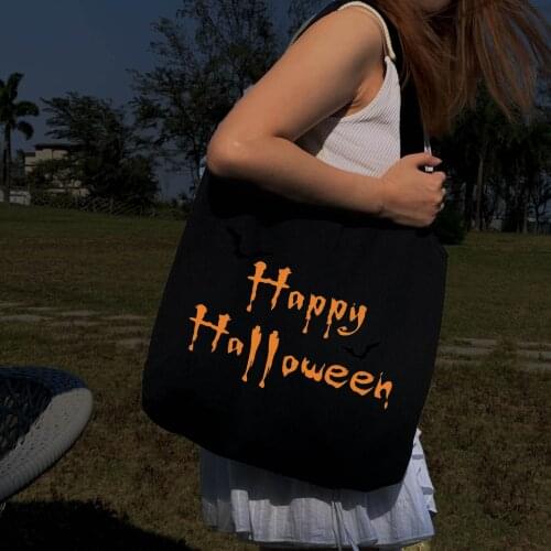Halloween Element Women Canvas Shopping Tote Bag With Logo Vintage Kawaii Pumpkin Printed Reusable Student Fashion Shoulder Bags