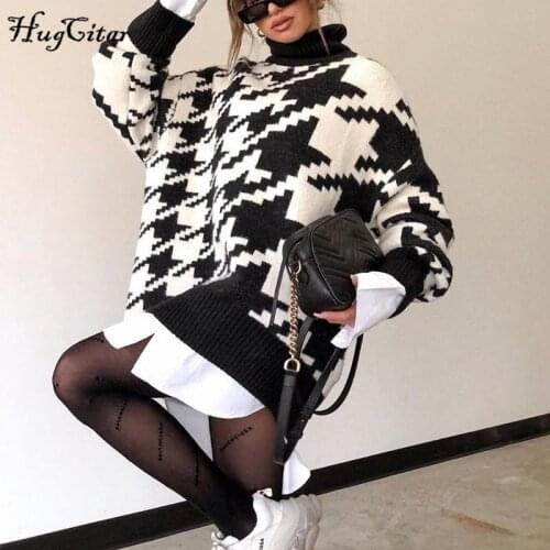 Hugcitar 2020 Houndstooth High Neck Oversized Sweater Winter Women Fashion Streetwear Pullovers Top