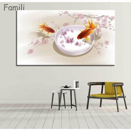 1 Panel Ancient Chinese Brush Painting Print Canvas Lotus pond Koi Fish Art Picture For Living Room Study Wall Decors No Frame