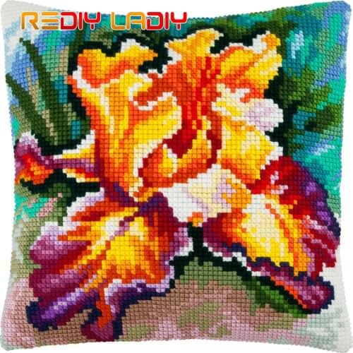 Cross Stitch Cushion Kits Iris Flowers Pillow Case Pre-Printed Canvas Acrylic Chunky Yarn Needlepoint Cross-stitch Arts & Crafts