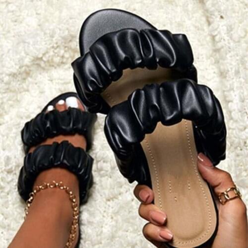 Women Pleated Slippers Summer Female Solid Flats Womens Casual Open Toe Slides Woman Outdoor Shoes Ladies Footwear Big Size 43