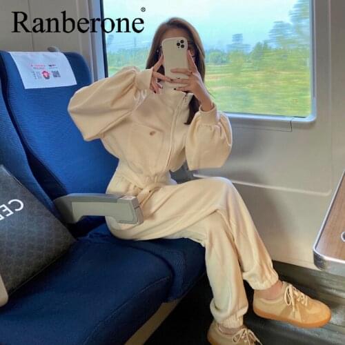 Ranberone Loose Tracksuits Lounge Wear Women Casual Zipper Sweatshirt And Jogger Set Female 2pcs Outfits Runing Streetwear 2021