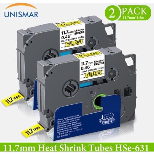 Unismar 2PK Label Maker 11.7mm Heat Shrink Tube HSe-631 Black on Yellow Compatible for Brother P-touch PTE300 PTE500 PTE550W