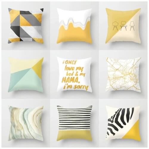 Yellow Series English Letter Geometric Cushion Cover Plaid Stripe Printing Pillowcase for Home Chair Sofa Decor Pillowcase 45*45