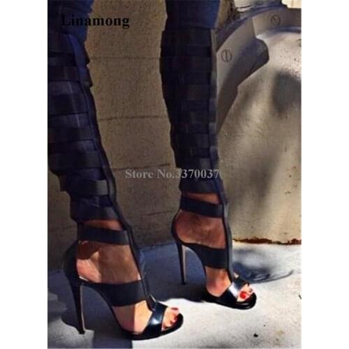 New Fashion Women Open Toe Black Leather Knee High Gladiator Boots Cut-out Straps Design High Heel Long Boots Dress Shoes
