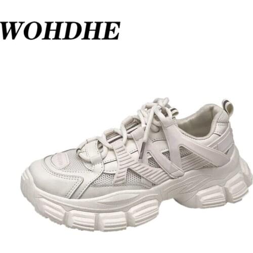 WOHDHE Female Walk Footwear Fashion Black White Platform Wedges Sports Dad Shoes Harajuku PU Leather Running Tennis Zapatos