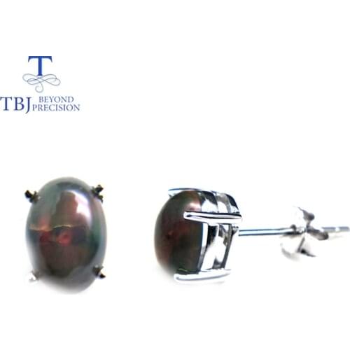 TBJ,Classic simple earring with natural black opal in 925 sterling silver white gold color fine jewelry for girls with gift box