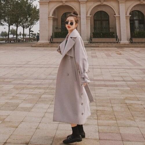 2020 New Autumn Winter Fashion Woolen Coat Women Button Lapel Thick Warm Loose With Sashes England Style Elegant C434