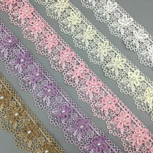 1 Yard 3.5cm Pearl Beaded Rose Flower Embroidered Lace Trim Ribbon Fabric Sewing Craft DIY For Costume Wedding Dress Decoration