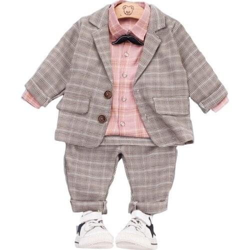 Autumn Children Baby Clothes Kids Boys Plaid Coat Long Sleeve Pants 3Pcs/sets Toddler Fashion Cotton Clothing Infant Tracksuits