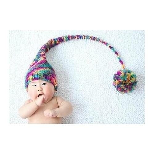 Free shipping, Crochet Baby Pixie Elf Hat & Caps Rainbow Christmas Hats With Long Tail Newborn Baby Photo props size:0-3 month