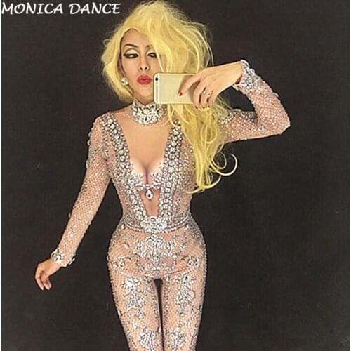 Women Sexy Stage Net Yarn Transparent Jumpsuit Silver Glass Sparkling Crystals White Pearls Nightclub Party Stage Wear Costumes