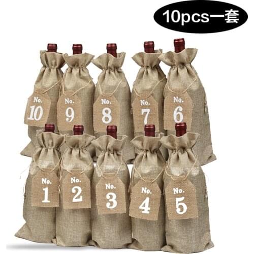 10Pcs/Set Jute Wine Bags Creative Portable Novel Gift Bags Wine Bottle Cover 1 to 10 Numbers Tag Wine Totes Party Supplies