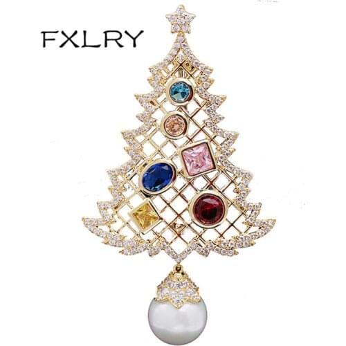 FXLRY High Quality Cubic Zirconia & Pearl Pine Brooch Holiday Gift Christmas Brooches For Women Cardigan Coat Accessories