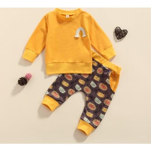 New Baby Girls Boys Spring Fall 2Pcs Set, Solid Color Long Sleeve O-Neck Pullover Top Cartoon Print Pants for Kids, 0-24Months