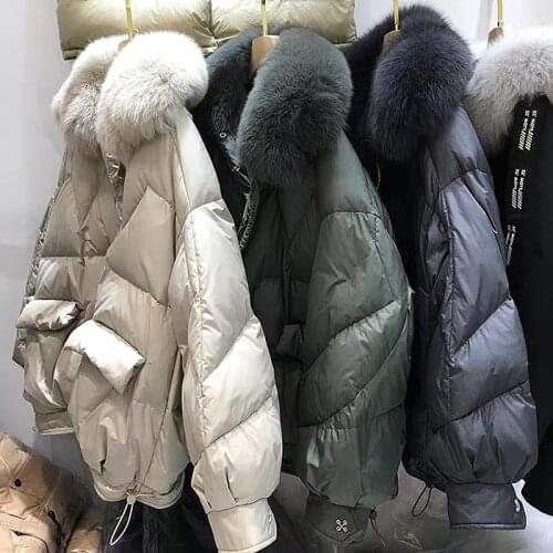 Parker Coat 2021 Imitation Natural Fox Fur Collar Loose Large Size White Duck Down Jacket Ladies Winter Jacket