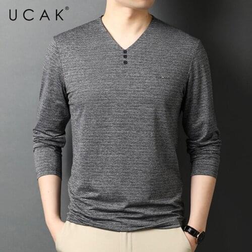 UCAK Brand Classic V-Neck Butoon Solid Color T Shirt Men Clothes Autumn New Casual Streetwear Long Sleeve T-Shirts Homme U5742