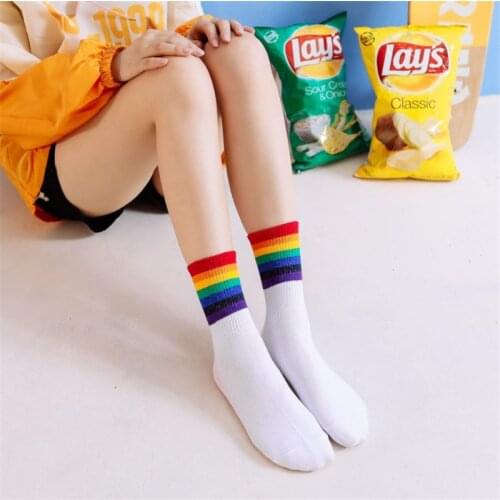Winter Fashion Cotton Women Socks Rainbow Stripes Harajuku Korean Kawaii College Wind Sports Skateboard Trend Casual Funny Socks