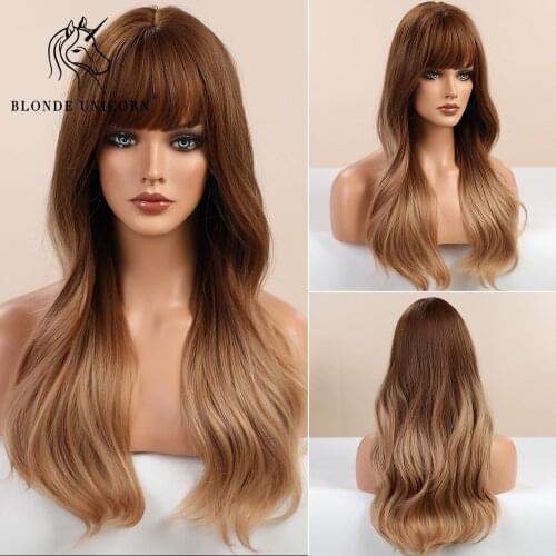 Blonde Unicorn Ombre Honey Blonde Brown Long Hair Wig with Bangs Cosplay Natural Wavy Heat Resistant Synthetic Wigs for Women
