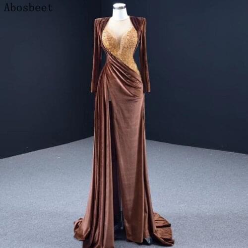 2021 Elegant Long Sleeve Evening Dress Shining Beading Top Brown Long Prom Party Formal Women Dress Front Split Small Train