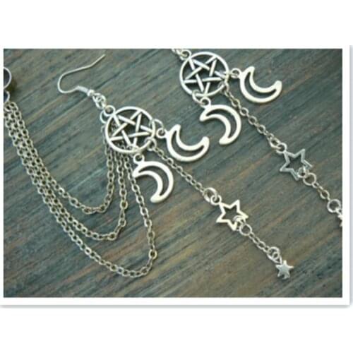 Pentagram ear cuff earring chained set Triple moon ear cuff pentacle fantasy