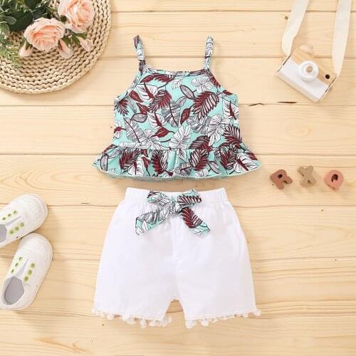 Pudcoco Baby Girls Two-piece Clothes Set, Blue Leaves Printed Pattern Boat Neck Sleeveless Tops and White Elastic Waist Shorts