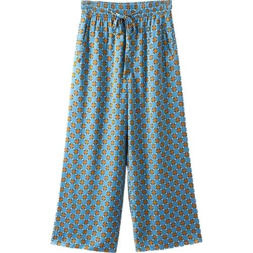 Aonibeier Blue Geometric Print Fashion Casual Thin Style Summer Women Loose Ankle Length Pants Elastic High Waist Pants Female