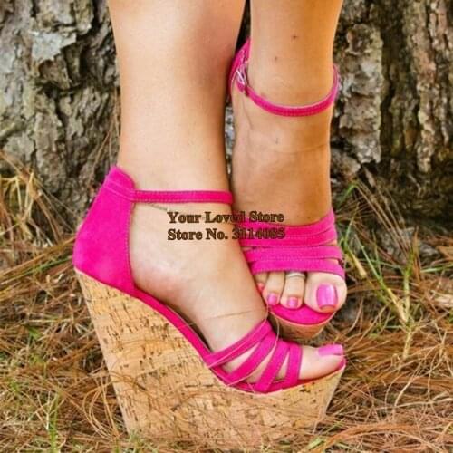 Ladies Gorgeous Fuchsia Suede Wedges Heel Gladiator Sandals Wood Pattern High Platform Dress Shoes Vogue Wedding Shoes Dropship