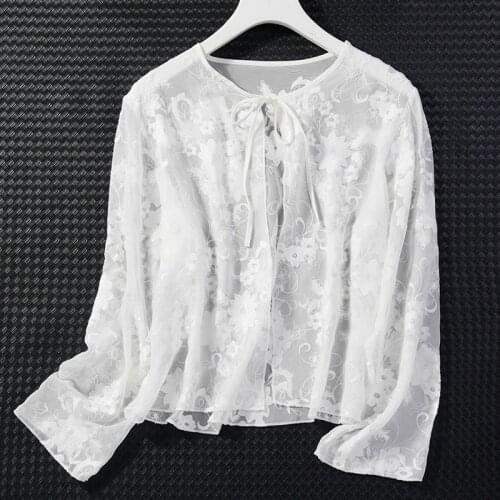 Womens 100% Mulberry Silk White Embroidery tassels Thin type Coat Top Cardigan LongSleeve Blouse Summer Beach Cover Up JN838
